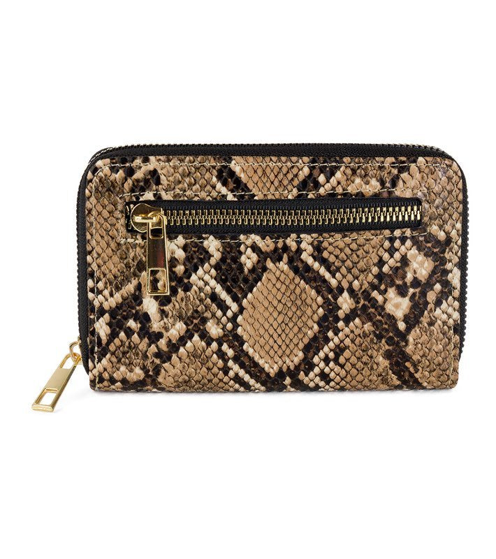 Dark Brown Rebecca & Rifka Zipper Back Vegan Python Snakeskin Leather Zip Around Indexer Compact Wallet