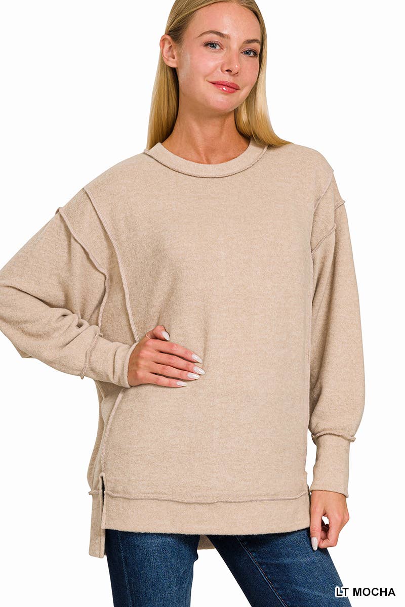 Brushed Melange Hacci Exposed Seam Sweater W/ Side