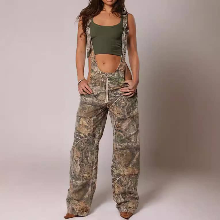 Low-rise bib jumpsuit distressed straight-leg printed pants