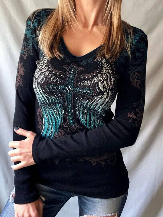 V-neck Cross Wings Print Slim-fit Punk Retro T-shirt