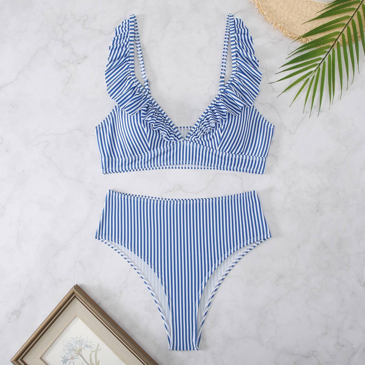 Striped High Waist V-neck Ruffled Bikini