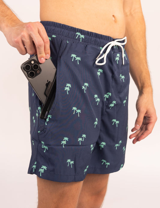Tropical Trees - Waterproof Pocket Swim Shorts - Athletic Liner by Dry Pocket Apparel
