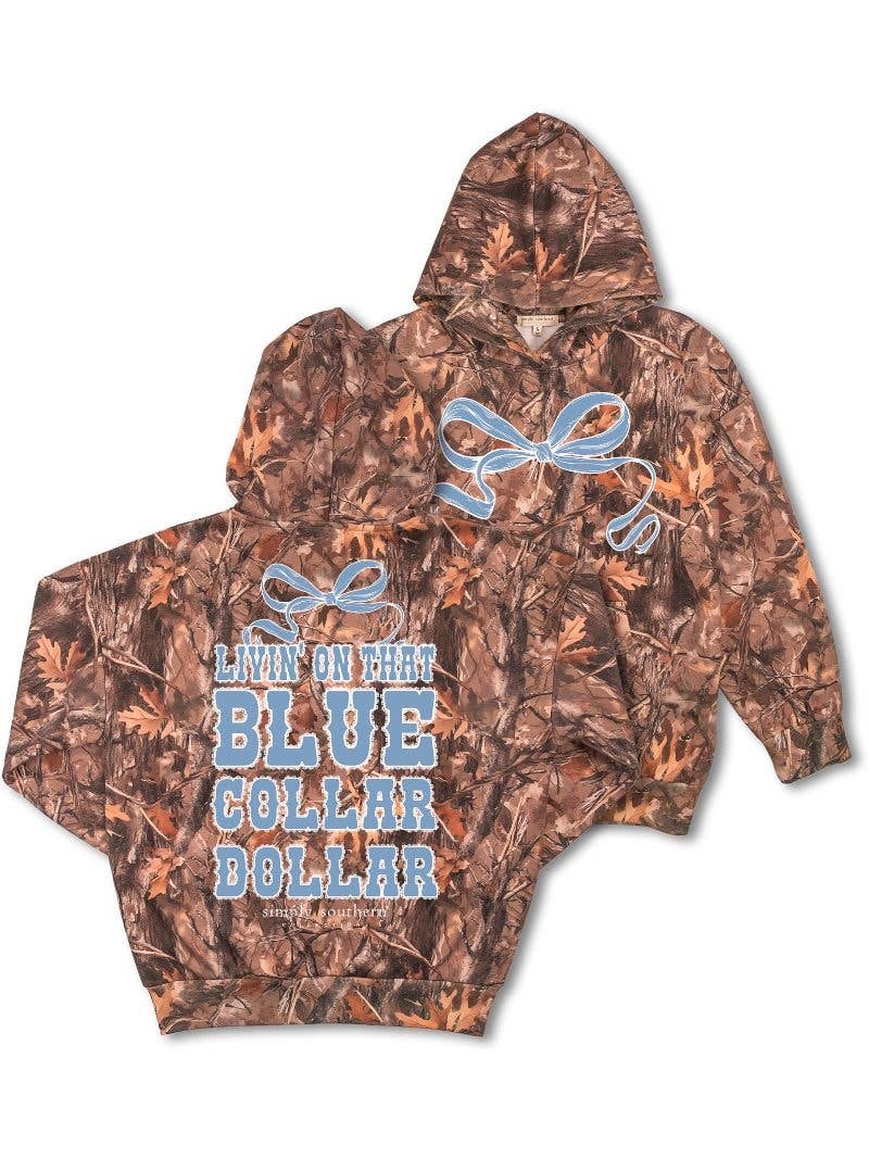 Livin on that Blue Collar Dollar trimmed in Lace HD-DOLLAR-CAMO Long Sleeve Hoodie  by Simply Southern