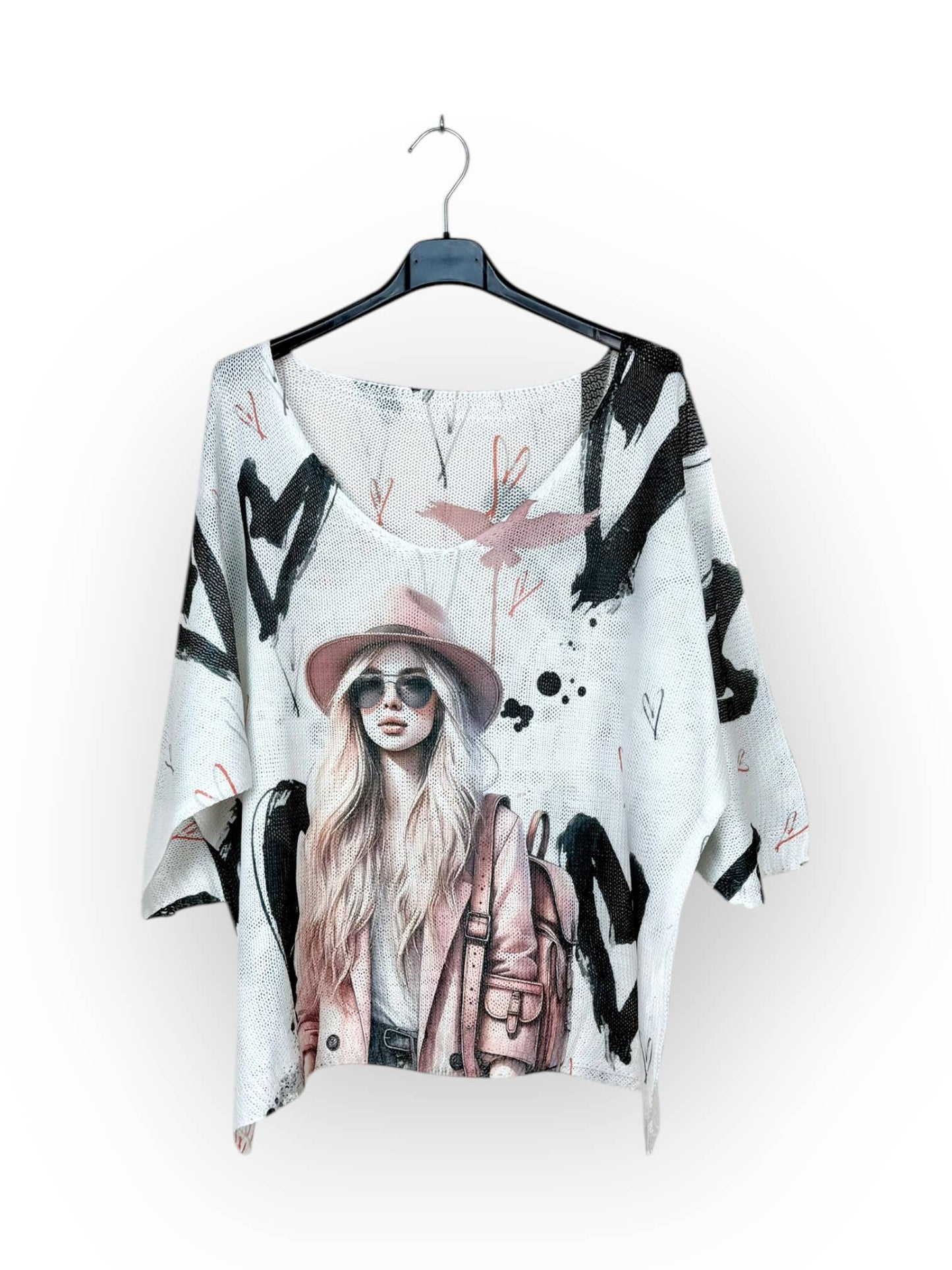 Blonde with Pink Hat, Jacket & Bag Hearts  Knit V-neck T-shirt, patterned, 3/4 sleeve