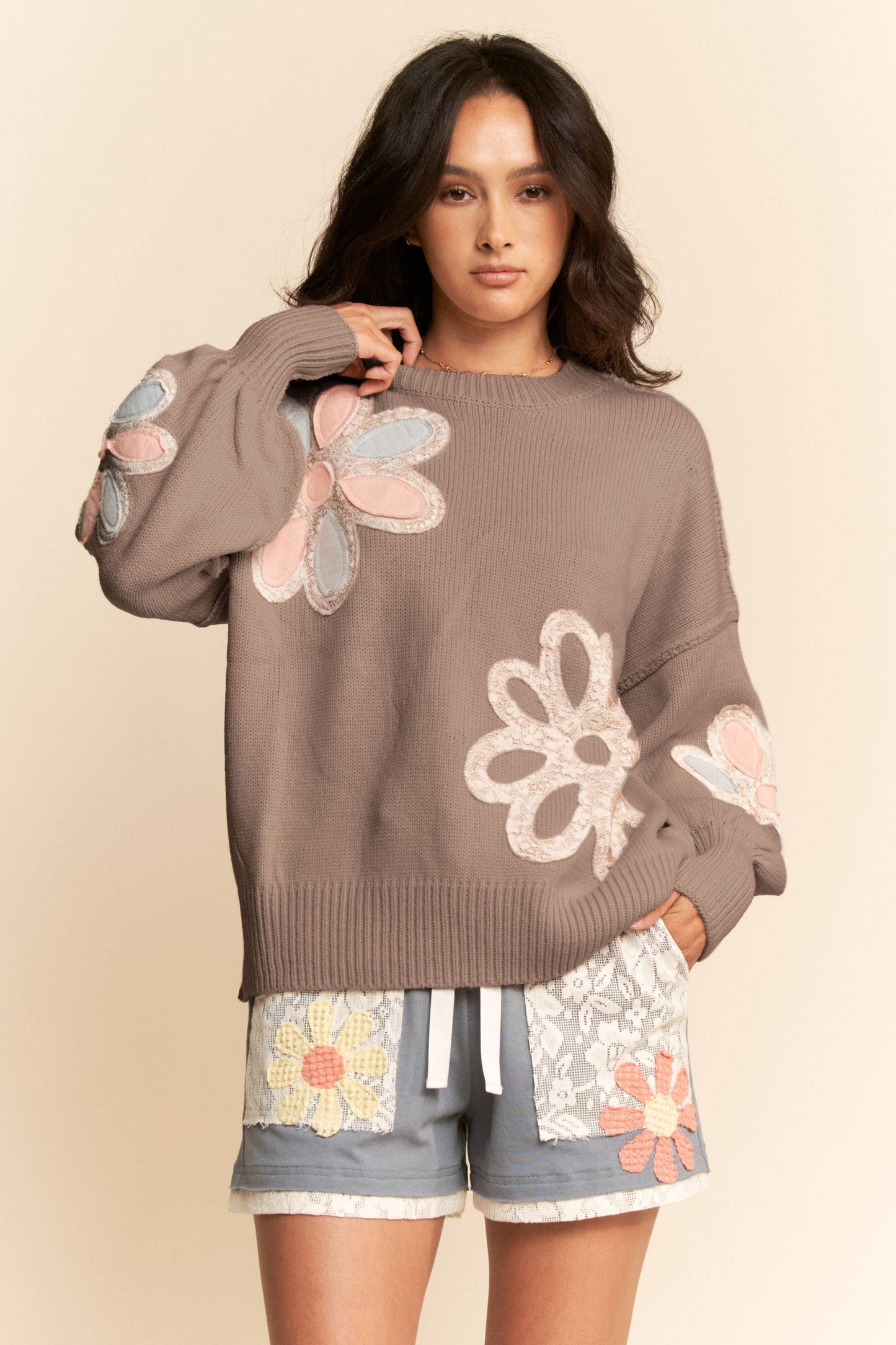 MULTI FLORAL PATCHWORK LONG SLEEVE SWEATER TOP by Davi & Dani