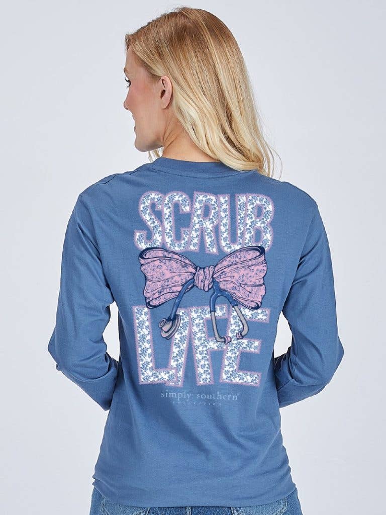 Scrub Life Bow & Stethoscope LS-SCRUB-ICELAND Blue Long Sleeve Tee by Simply Southern