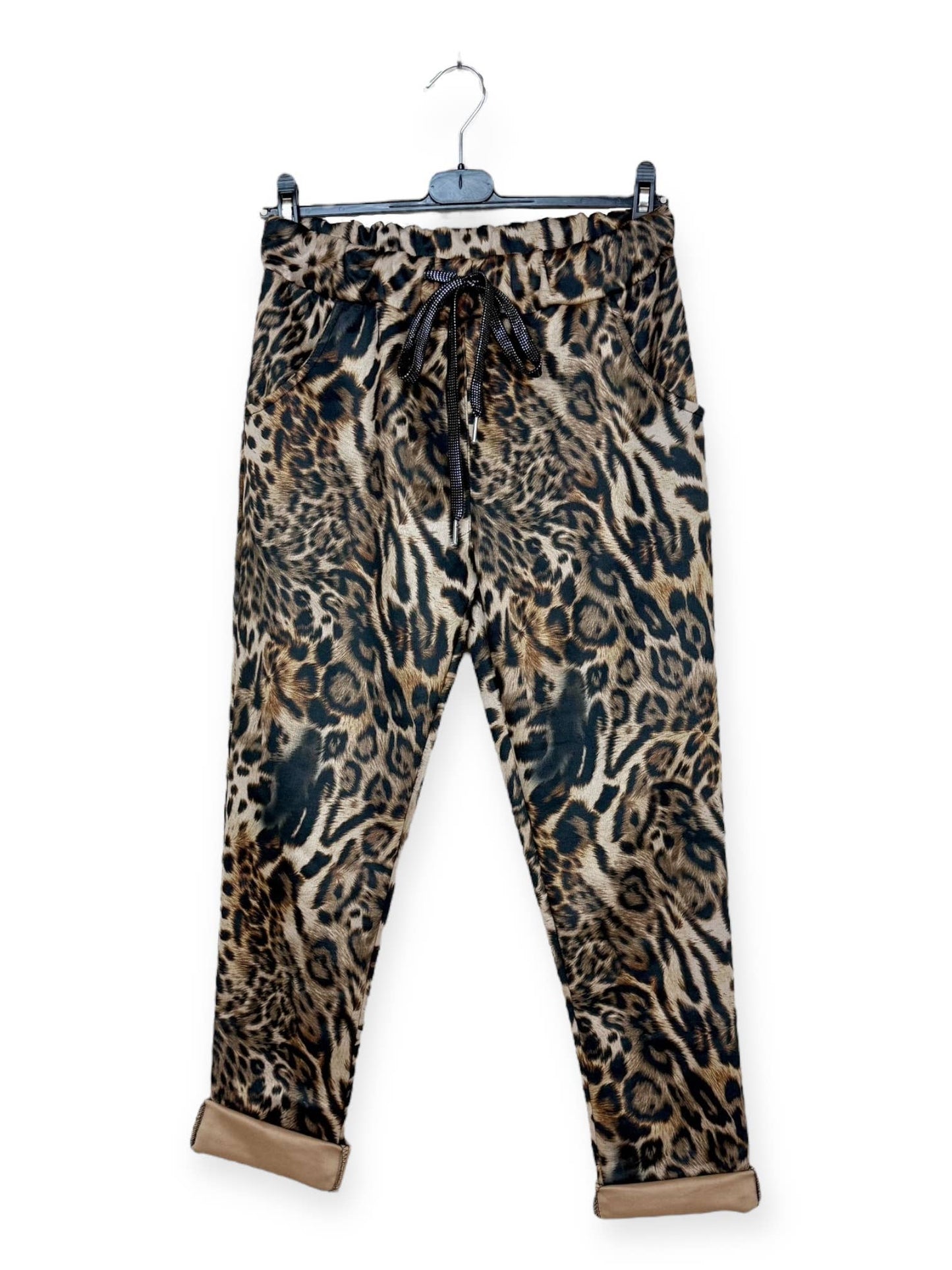 Tan Brown & Green Striped Floral Patterned Jogger Pants: Motif 20 One Size Fits Most