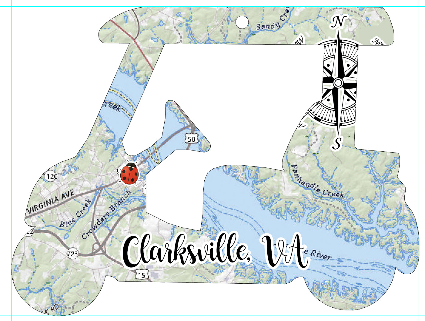 Clarksville VA Wood Golf Cart Ornament with Map Custom Location!