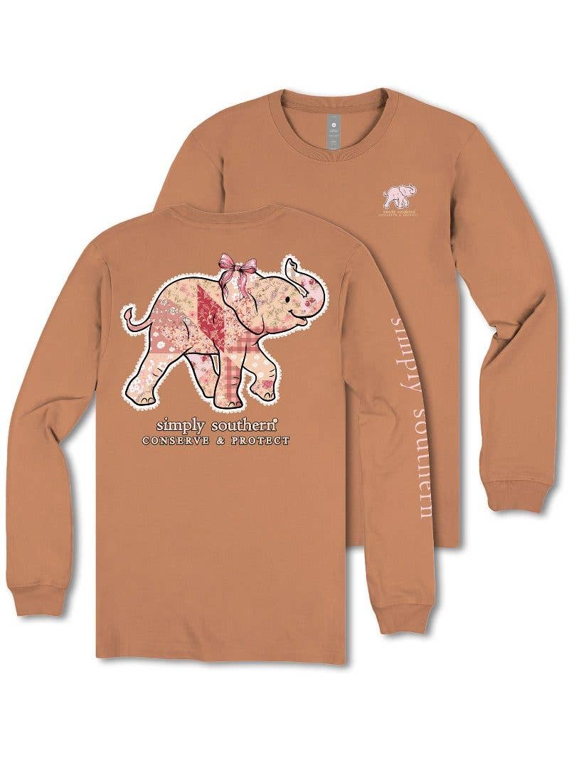 Elephant Patchwork Chestnut Long Sleeve Tee by Simply Southern LS-TRACKE1-PATCH-CHSTNT