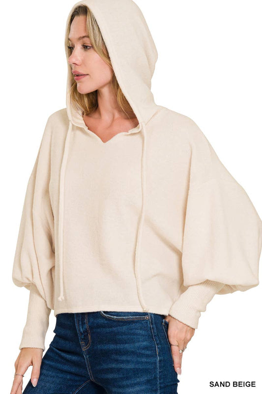Soft Brushed Hacci Cropped Balloon Sleeve Hoodie
