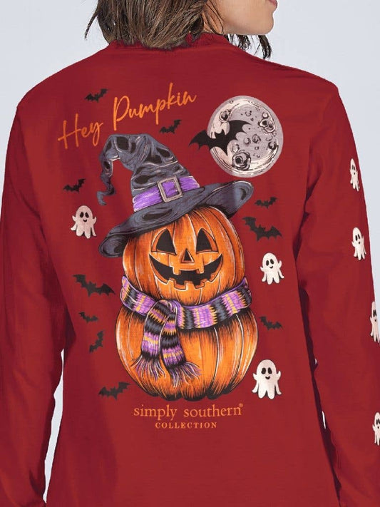 Hey Pumpkin YackOlantern Carmine Red Youth Long Sleeve Tee by Simply Southern YTH-LS-PMPKN-CARMINE