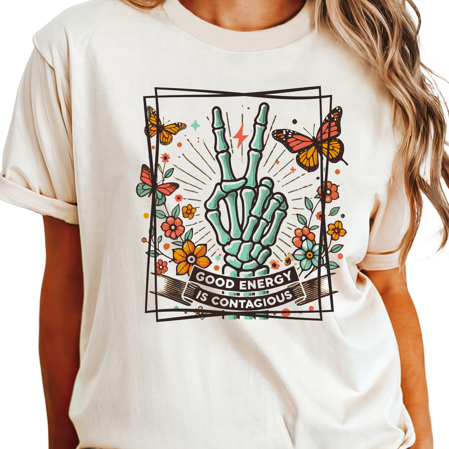 Good Energy Is Contagious T-Shirt – Vibrant Skeleton Peace Sign Graphic Tee