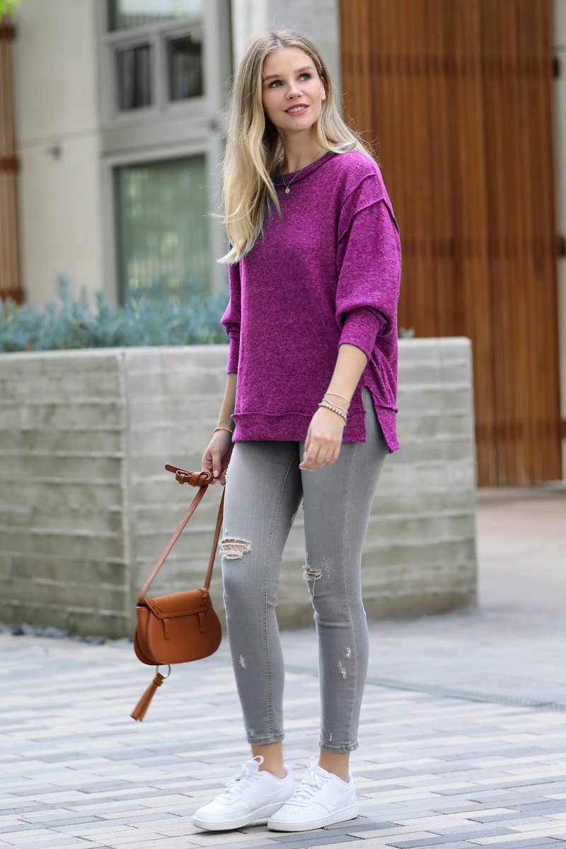 Brushed Melange Hacci Exposed Seam Sweater W/ Side