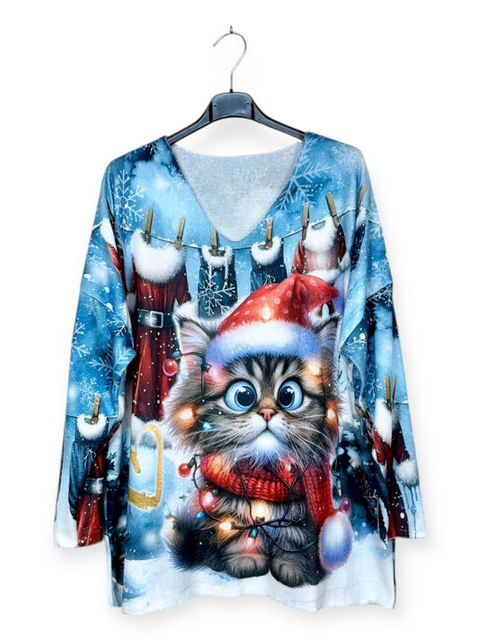 Christmas Cat V-Neck Sweater with Patterns