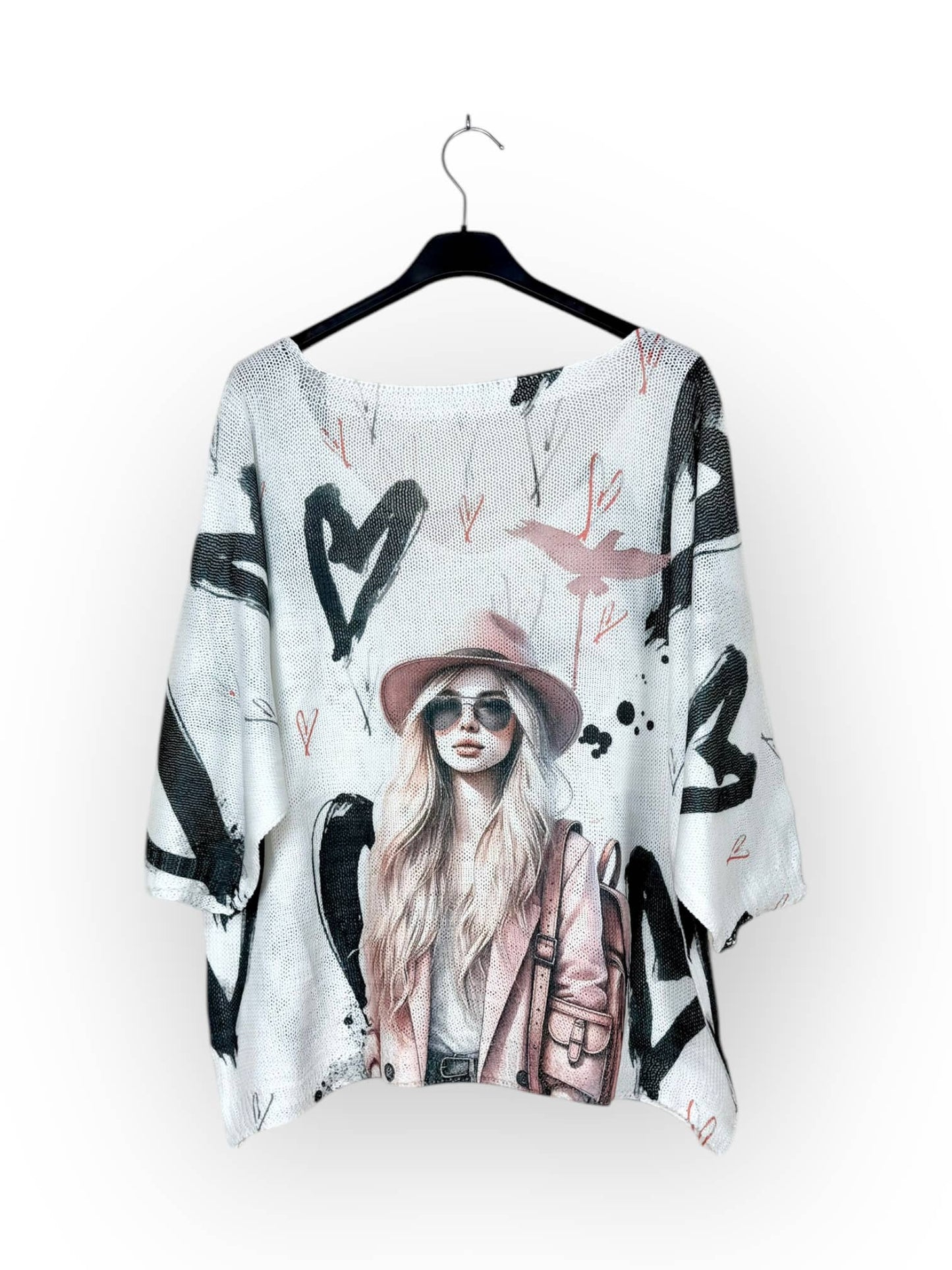 Blonde with Pink Hat, Jacket & Bag Hearts  Knit V-neck T-shirt, patterned, 3/4 sleeve