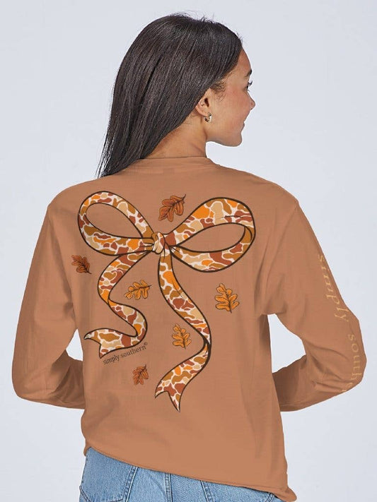 Camo Patterned Bow with Falling Leaves LS-CAMOBOW-CHSTNT Long Sleeve Tee by Simply Southern