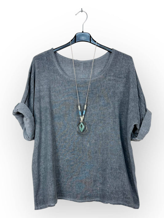 Washed cotton top with necklace Made in Italy