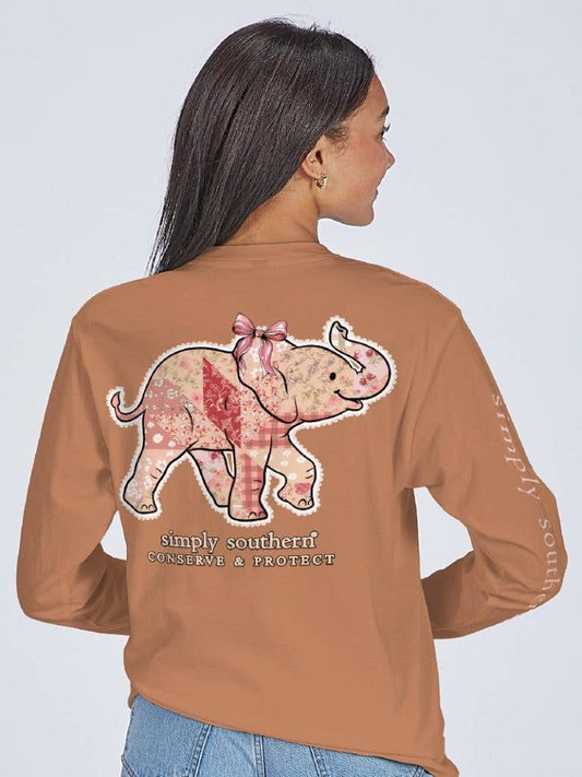 Elephant Patchwork Chestnut Long Sleeve Tee by Simply Southern LS-TRACKE1-PATCH-CHSTNT
