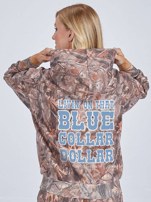 Livin on that Blue Collar Dollar trimmed in Lace HD-DOLLAR-CAMO Long Sleeve Hoodie  by Simply Southern