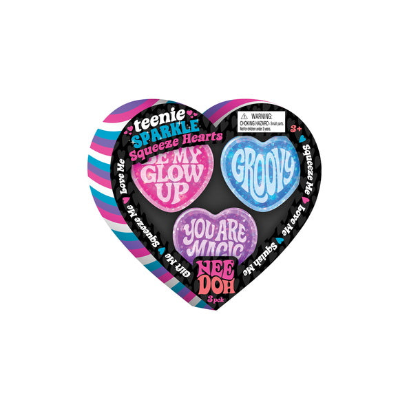 Sparkle Hearts Teenie NeeDoh set of three small, sparkly, heart-shaped, dough-filled sensory toys
