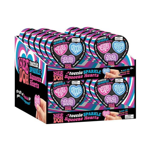 Sparkle Hearts Teenie NeeDoh set of three small, sparkly, heart-shaped, dough-filled sensory toys