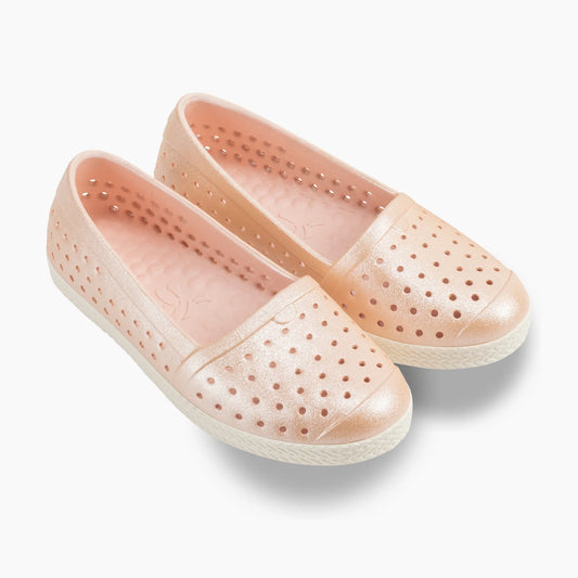 Girls Espadrille Champagne Shimmer / Bone Graphics & Metallics Joybees Slide Size C10 Let's Bee Friends
