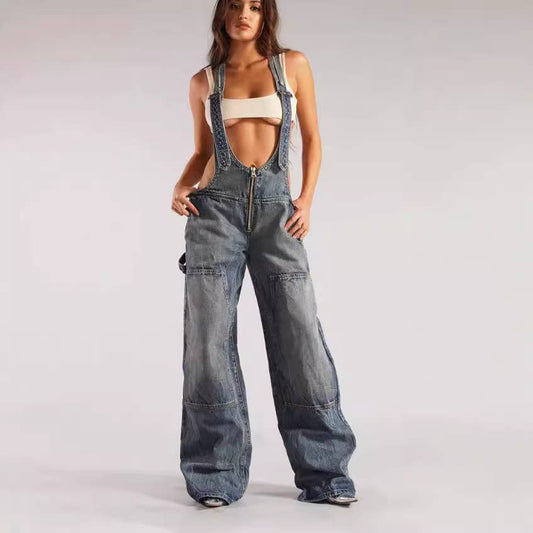 Low-rise bib jumpsuit distressed straight-leg printed pants