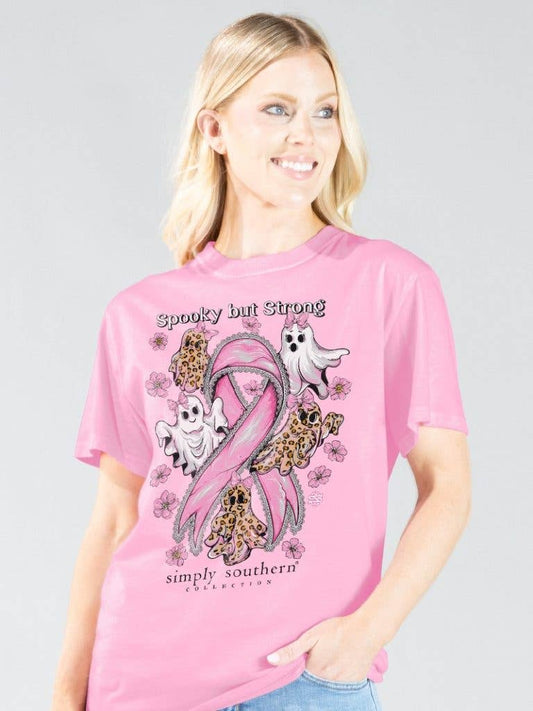 Spooky but Strong Breast Cancer awareness Ghost with Pink Ribbons SS-STRONG-WSHPNK Short Sleeve Tee by Simply Southern