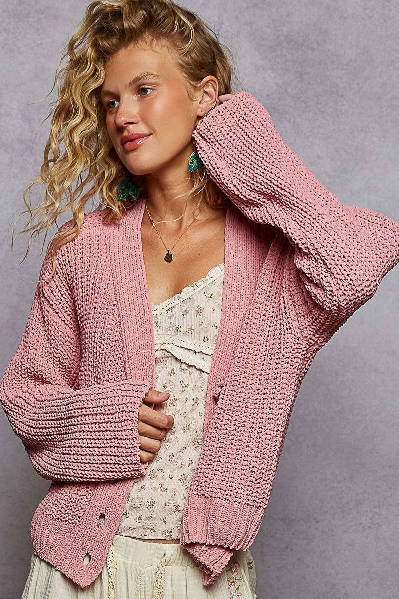 Long sleeve exaggerated button sweater cardigan top by Pol Clothing