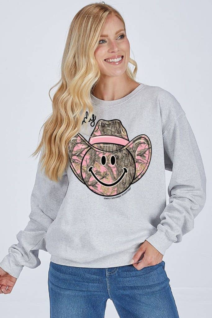 Howdy Pink Camo Cowboy Smiley Face CREW-HOWDY-FLURRY Off WHite Long Sleeve Crew by Simply Southern