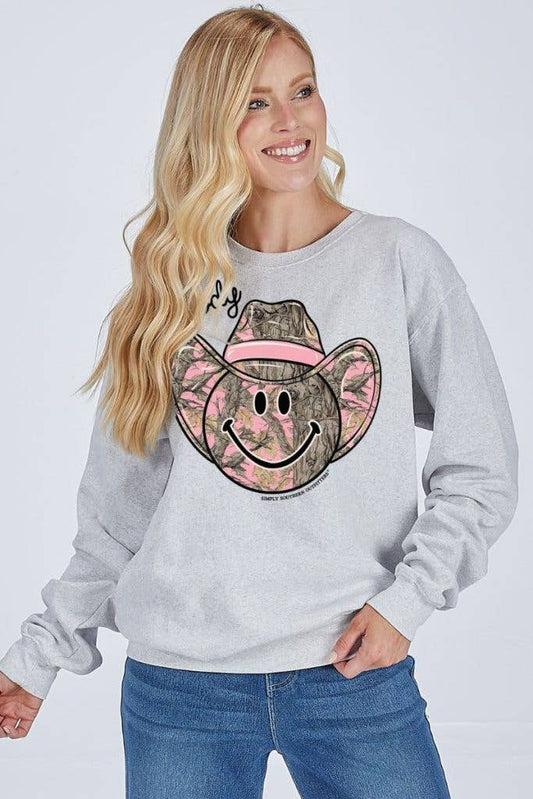 Howdy Pink Camo Cowboy Smiley Face CREW-HOWDY-FLURRY Off WHite Long Sleeve Crew by Simply Southern
