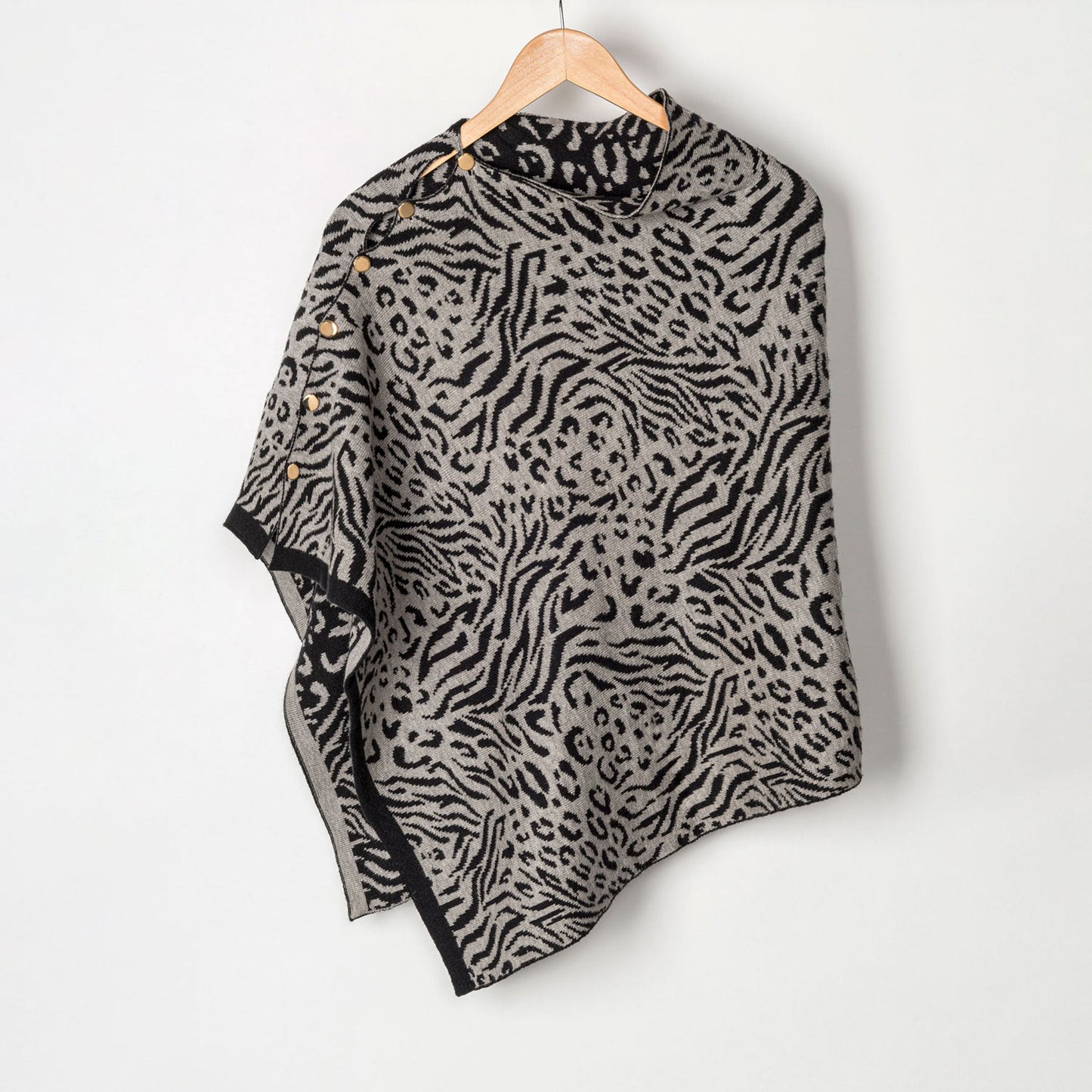 Animal Print Reversible Poncho with Gold Button Accents