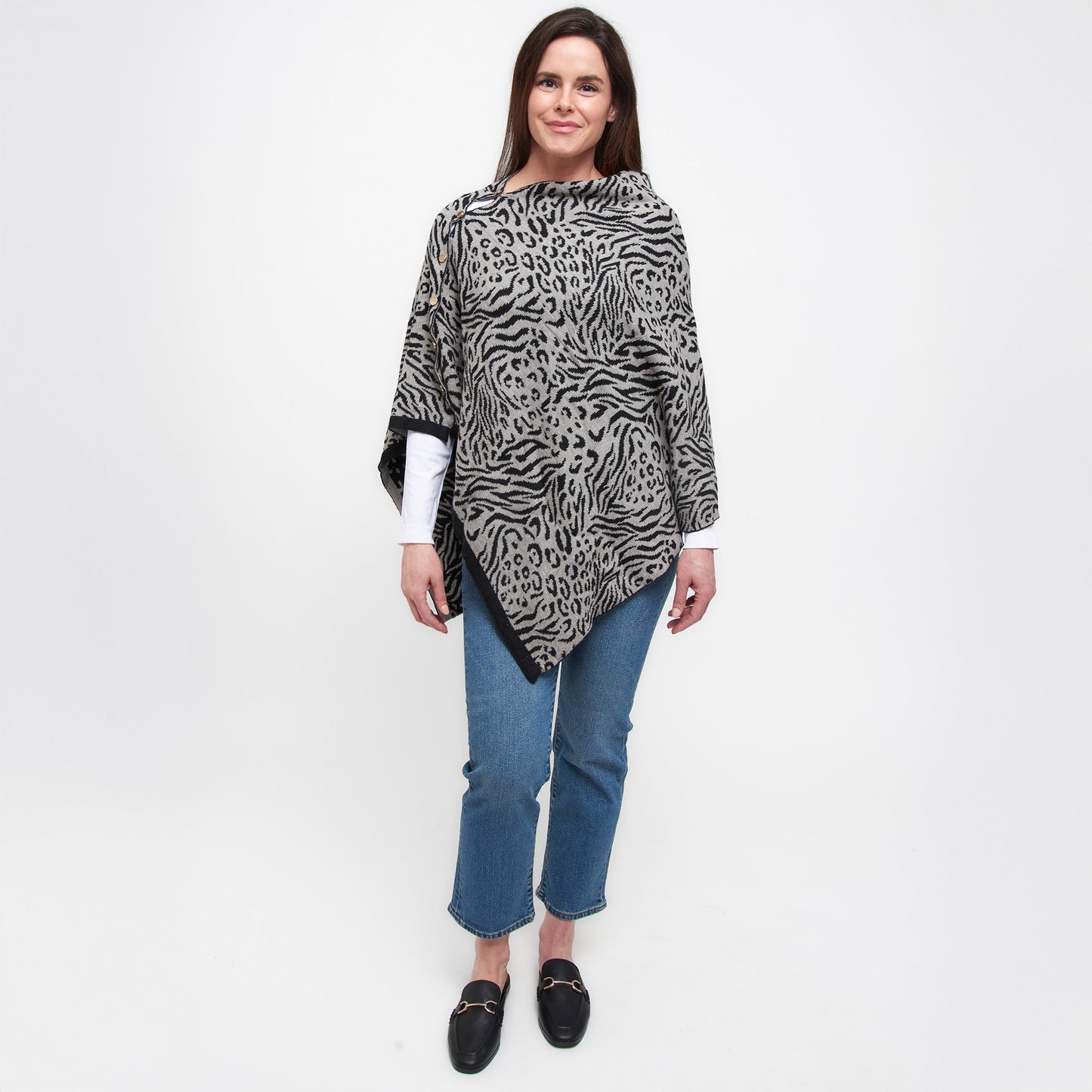 Animal Print Reversible Poncho with Gold Button Accents