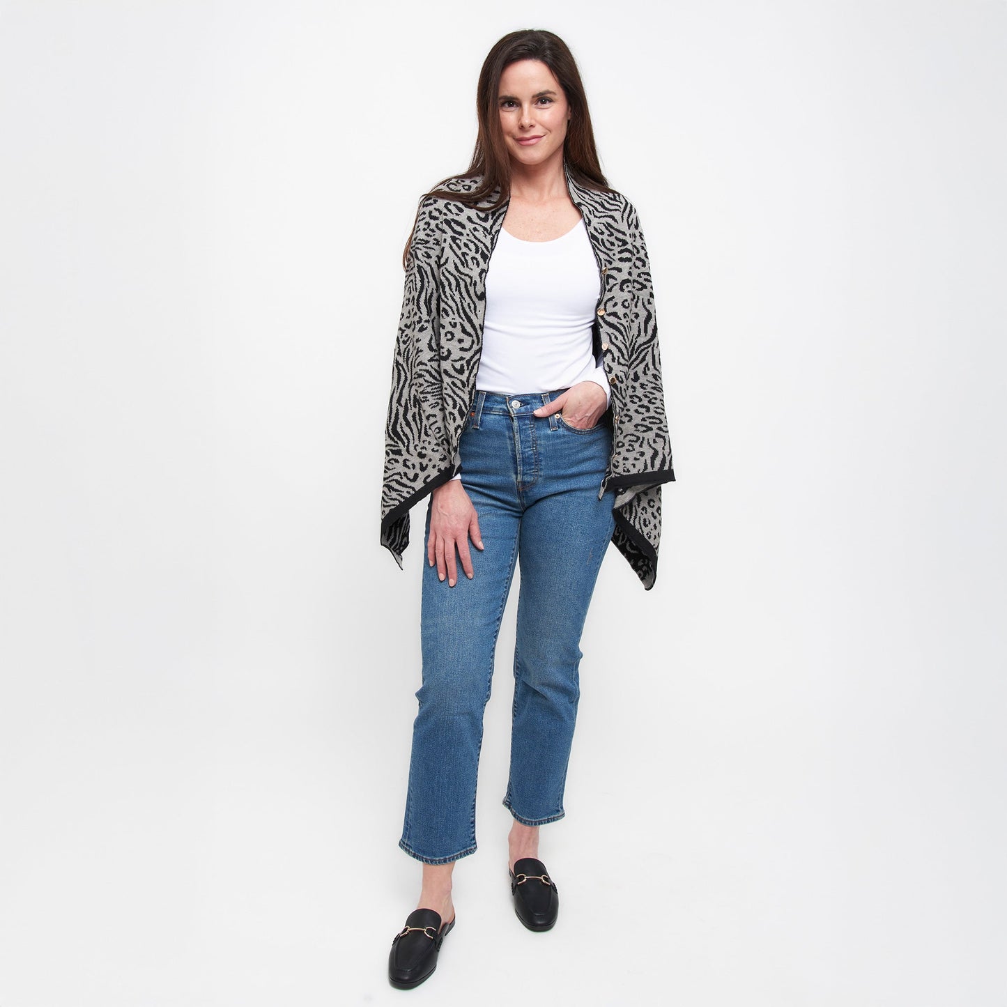 Animal Print Reversible Poncho with Gold Button Accents