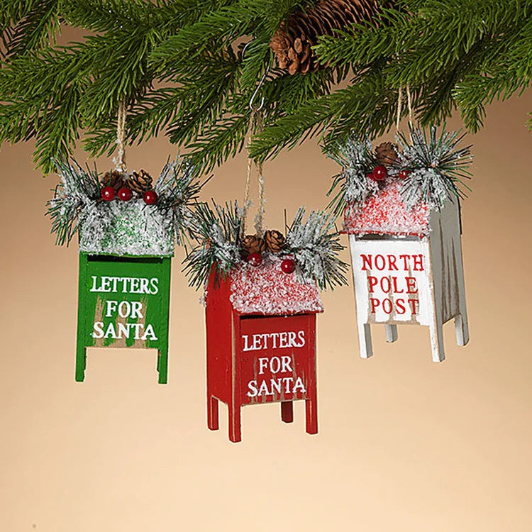 WHITE RED TOP NORTH POLE POST MAILBOX ORNAMENT 5IN