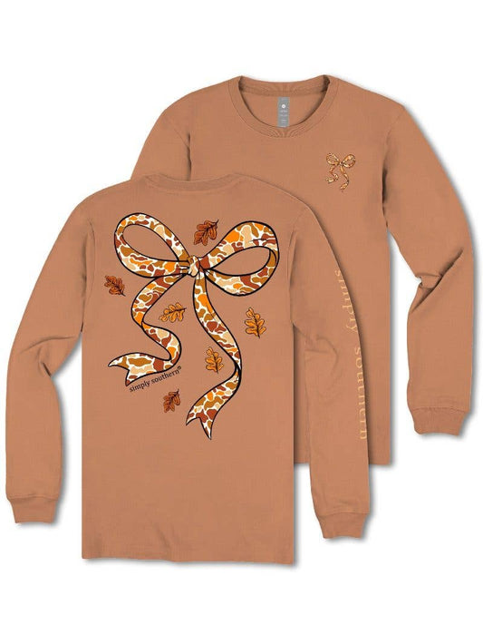 Camo Patterned Bow with Falling Leaves LS-CAMOBOW-CHSTNT Long Sleeve Tee by Simply Southern