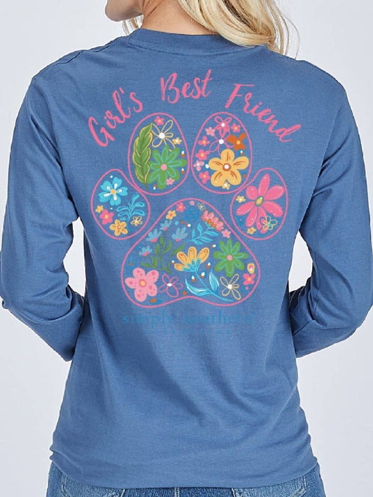 Girl's Best Friend Floral Paw Print YOUTH-LS-FRIEND-ICELAND Blue Long Sleeve Tee by Simply Southern