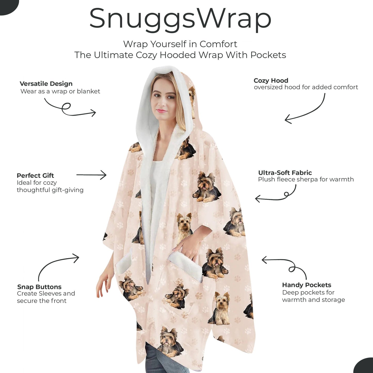 Yorkie Snugg Wraps with Hoodie – Ultra Soft Sherpa Fleece Wrap for Pet Lovers