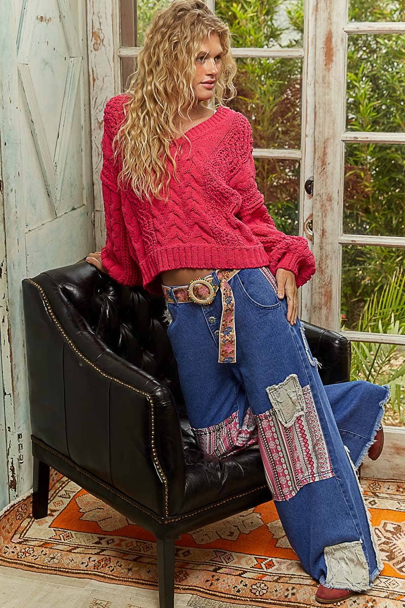 V-Neck Chenille Sweater Semi Cropped Top by  Pol Clothing