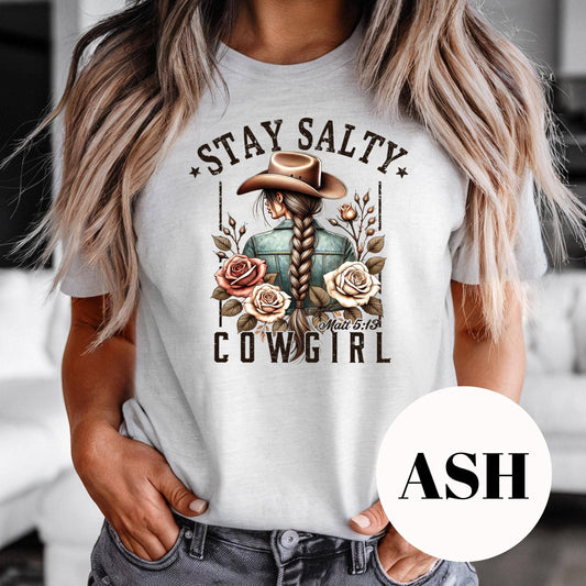 Stay Salty Cowgirl Shirt, Christian Western Sublimation Tee, Matthew 5:13 Shirt, Faith and Floral Graphic Tee, Vintage Faded Cowgirl Shirt