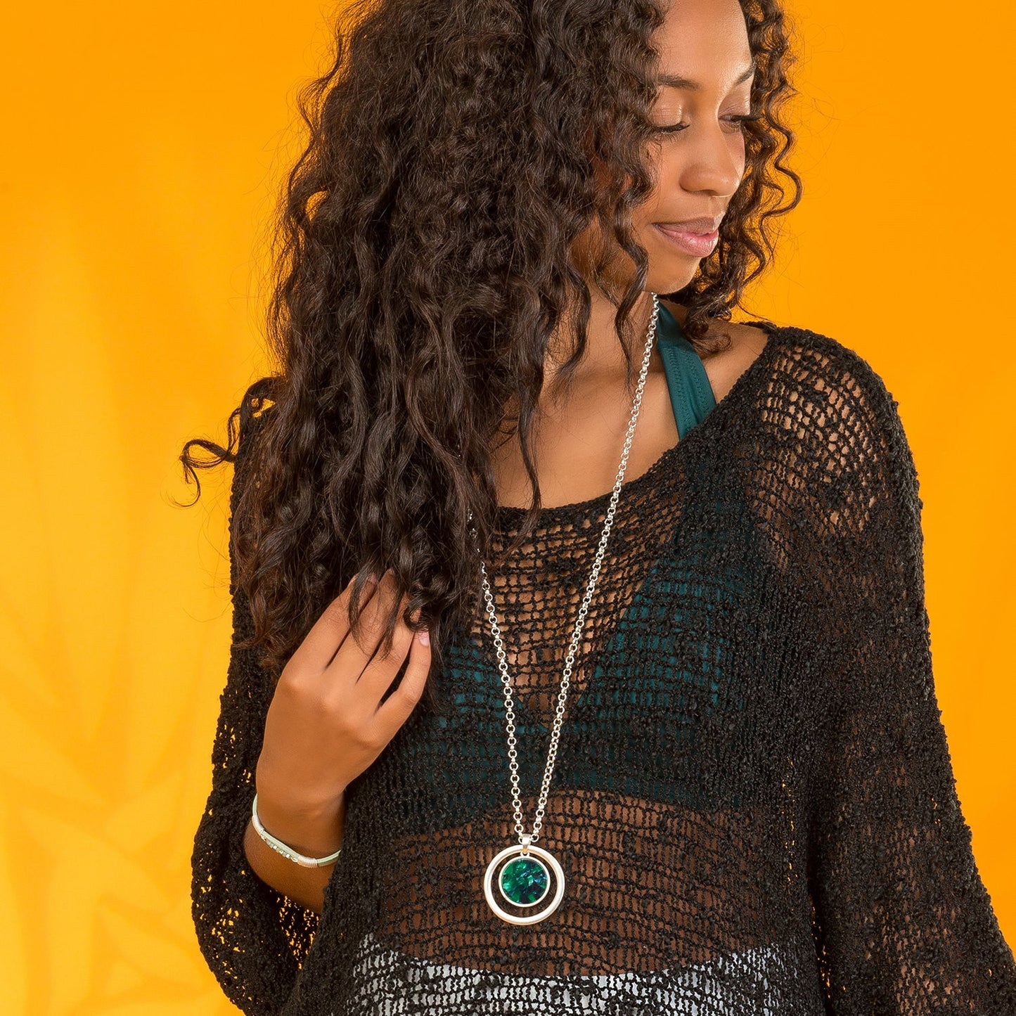 Marbleized Disc Silver Pendant Necklace