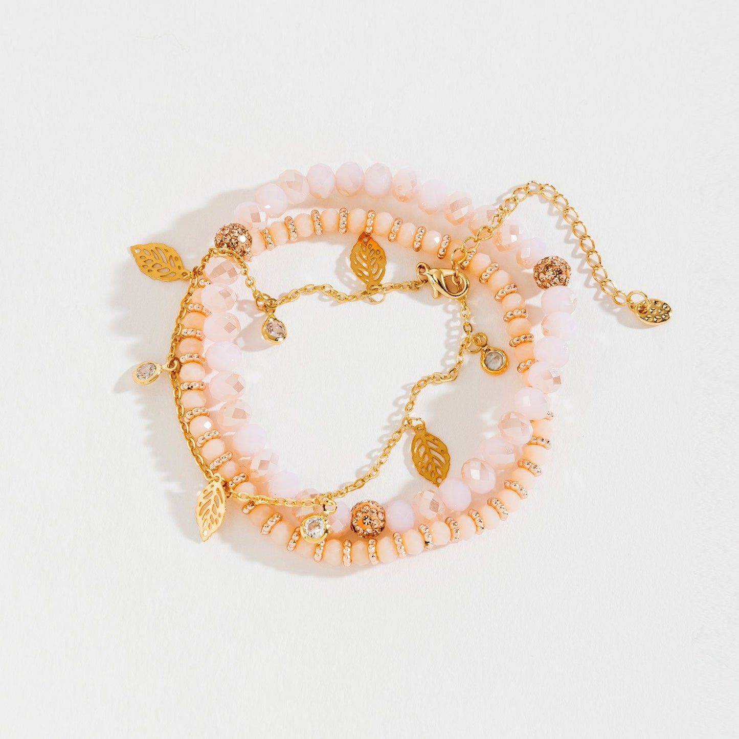 Faceted Bead Cutout Leaf Charm Layered Stretch Bracelet