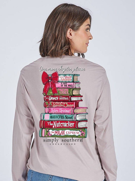 One More Chapter Please Christmas Themed Books LS-BOOKS-DRFTWD Grey Long Sleeve Tee by Simply Southern