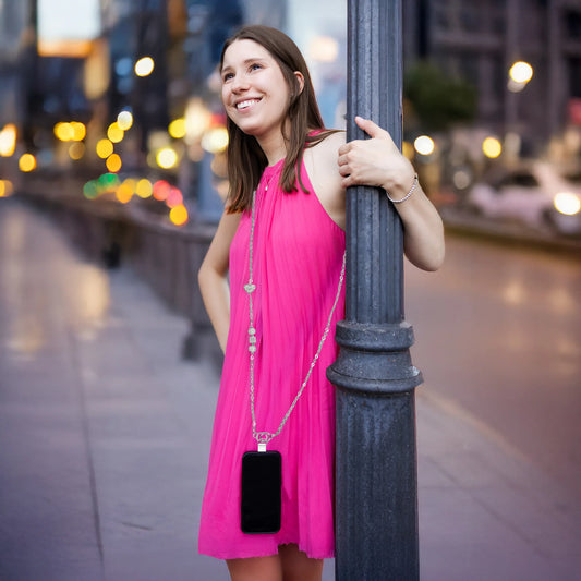 White Crystal Crossbody Beaded Silver Phone Chain