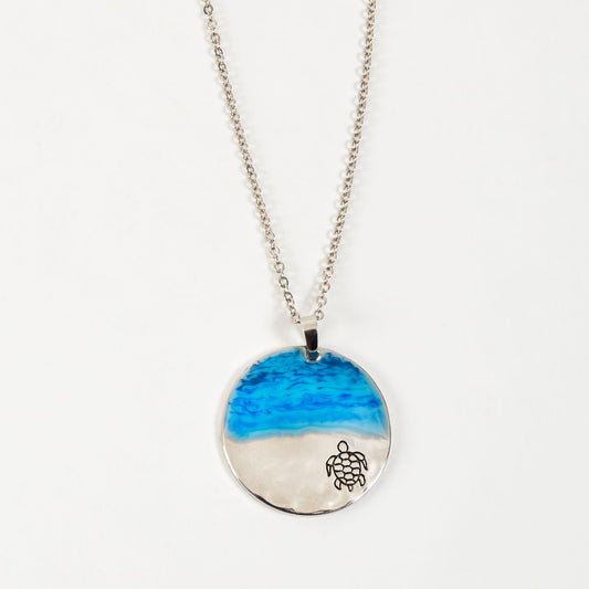 Carina Painted Turtle Disc 20" Silver Pendant Necklace