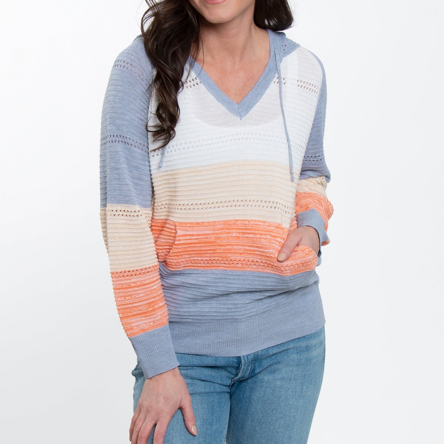 Avalon Crochet Color Block Long Sleeve Hooded Pullover