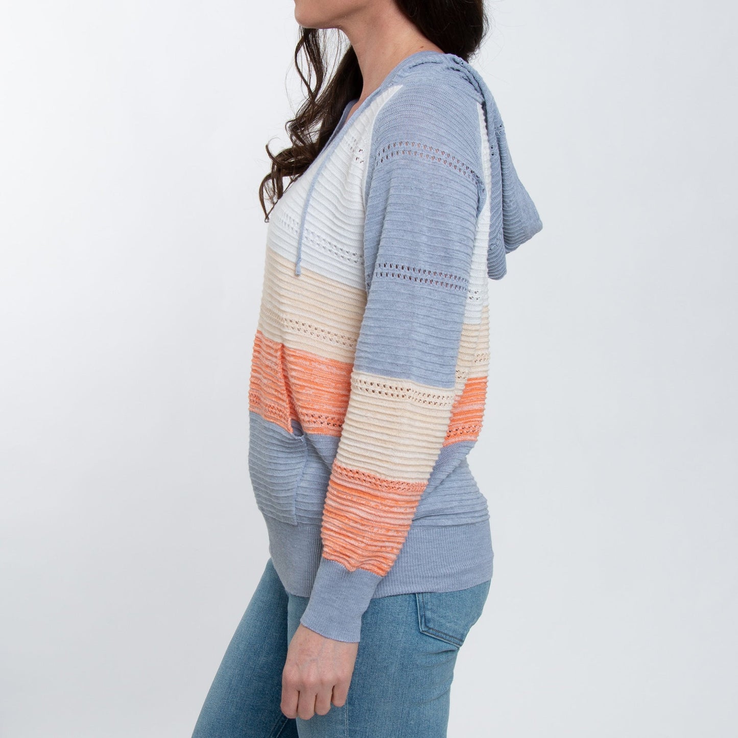 Avalon Crochet Color Block Long Sleeve Hooded Pullover