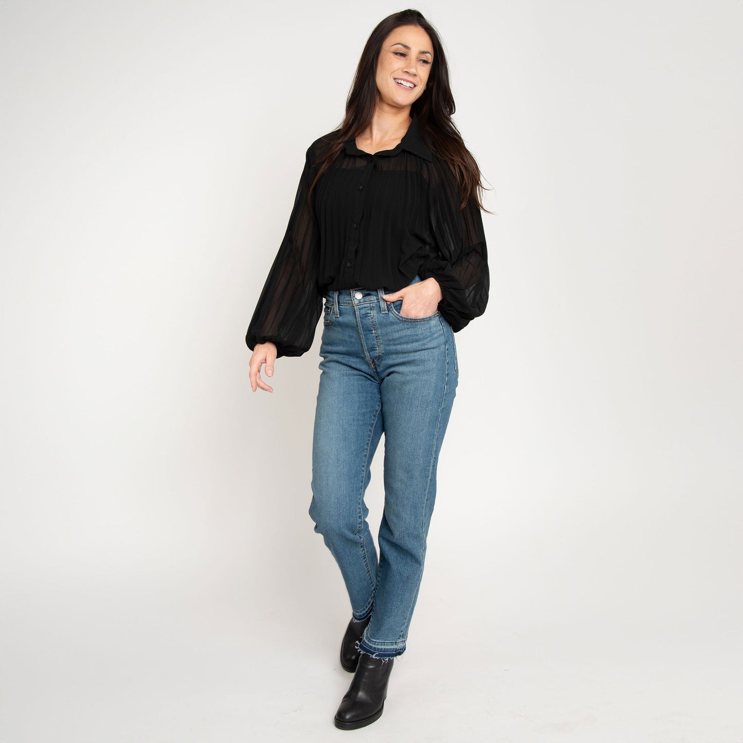 Essie Pleated Long Sleeve Button Up Collared Blouse
