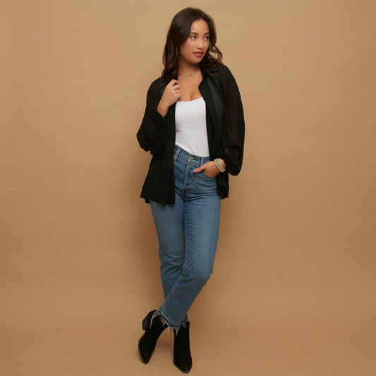 Essie Pleated Long Sleeve Button Up Collared Blouse