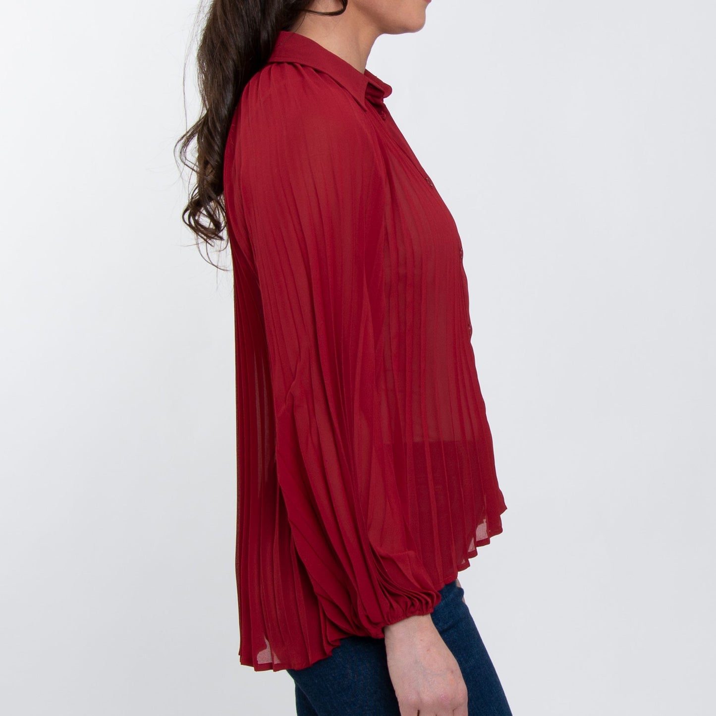 Essie Pleated Long Sleeve Button Up Collared Blouse